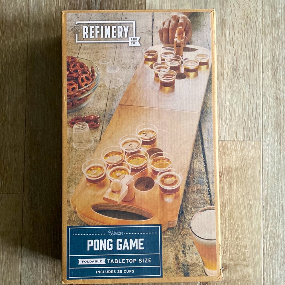 Refinery and Co Wooden Pong Game Foldable Tabletop Size Includes 25 Cups- new